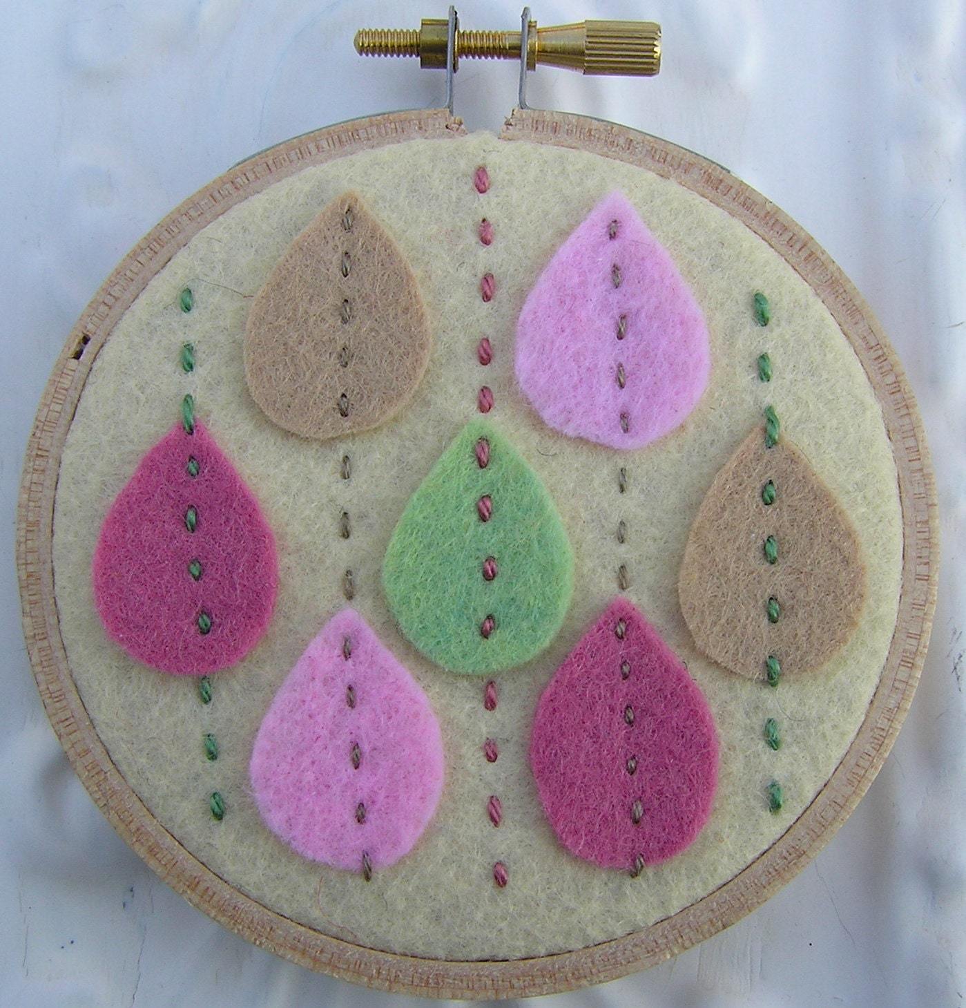 Embroidered Wall Art - It's Raining Petals - Sweet Pink Green and Tan Felt Flower Petals