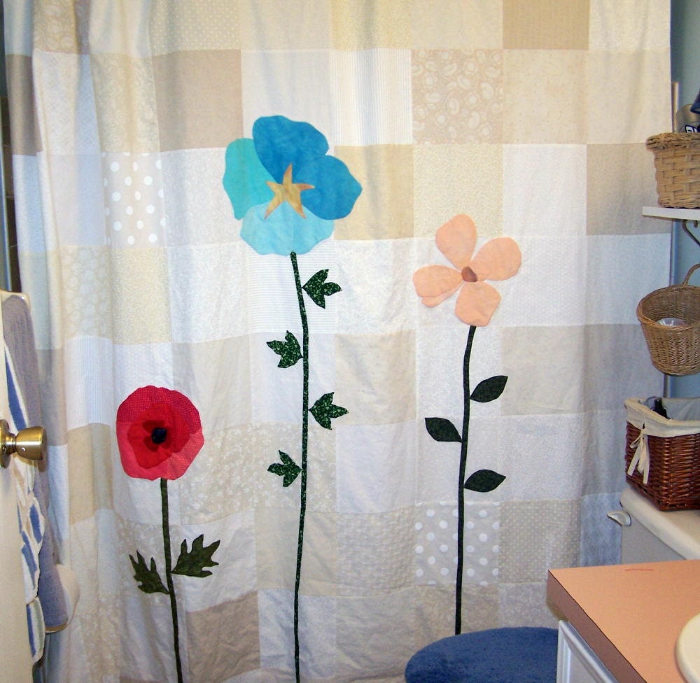 Handmade shower curtain in creams with flowers
