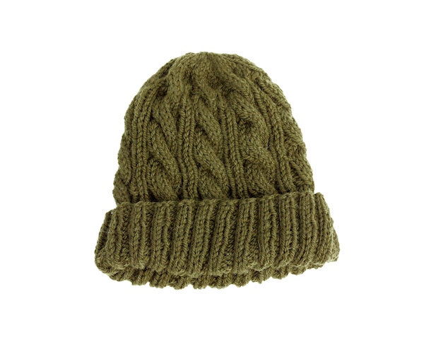Long Cable Watchcap - Folded Brim Knit Hat - 100% Wool Yarn - Army Green