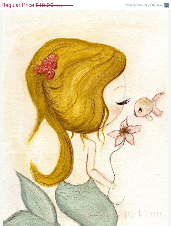 Mermaid Print Sweet Fish Kiss Nautical Flower Girl Wall Art---Fin Love
