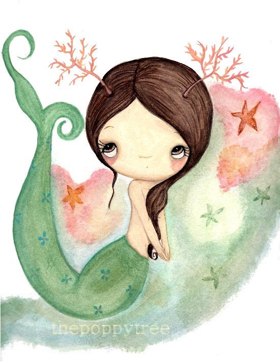 Mermaid Art Coral Girl Nautical Wall Print---Coral The Mermaid