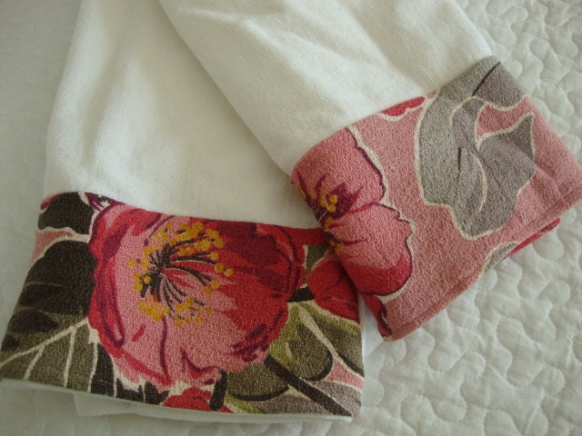 upcyled deep rose color floral barkcloth trimmed hand towels