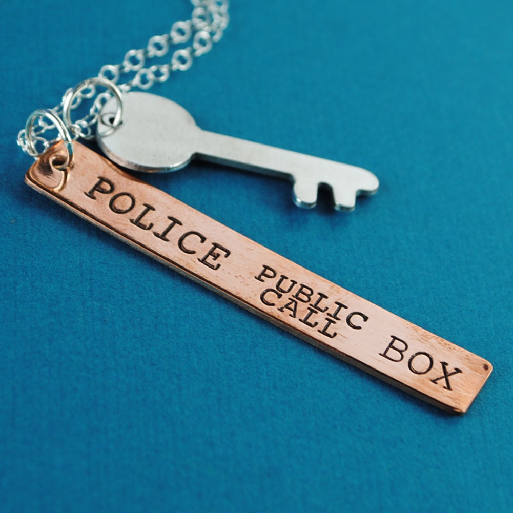 Doctor Who Tardis Key Necklace - Hand Stamped in Copper and Aluminum on Sterling Silver Chain