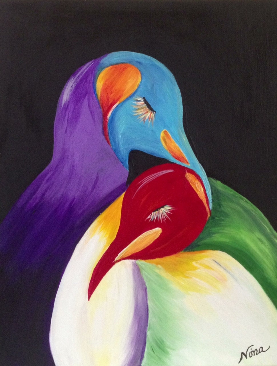 11x14 Pinguinsmulticolor rainbow animal zoo red original acrylic wrap around canvas green blue white