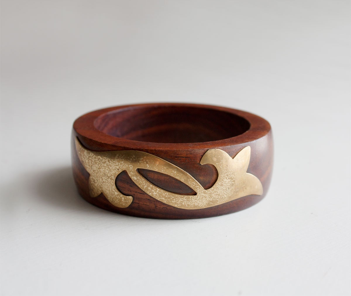Brass Scroll Chunky Wooden Bracelet 1970s Vintage Wood Bracelet