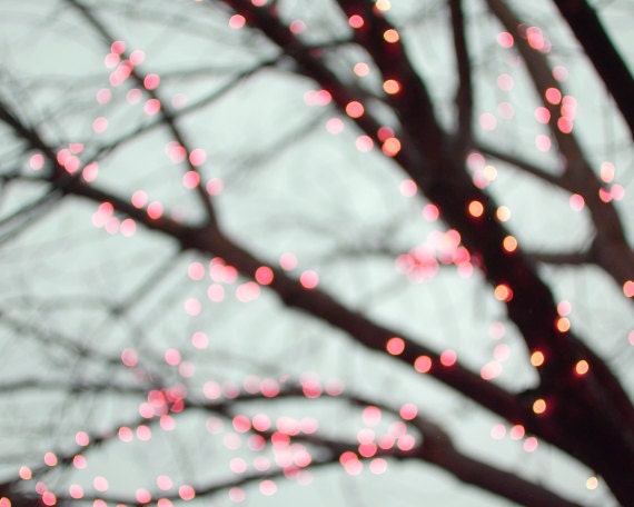 Winter tree photograph - neon pink lights - tree silhouette - pale blue tree wall art - fine art nature photography 8x10 - Bling