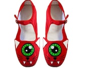 Cyclops Cat Shoes - Red One Eyed Kitty Mary Janes - Ladies Size 8