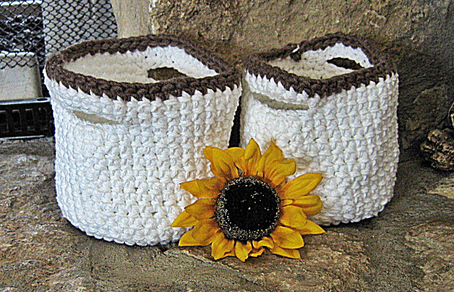 Basket - Handmade Basket, Crochet Basket Bowl, Crochet Crock Pot - White with Brown Trim - Set of 2