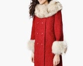 SALE - Vintage Red Tweed Fox Fur Collared Coat
