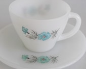 Fire King floral cup and saucer, beautiful aqua floral design