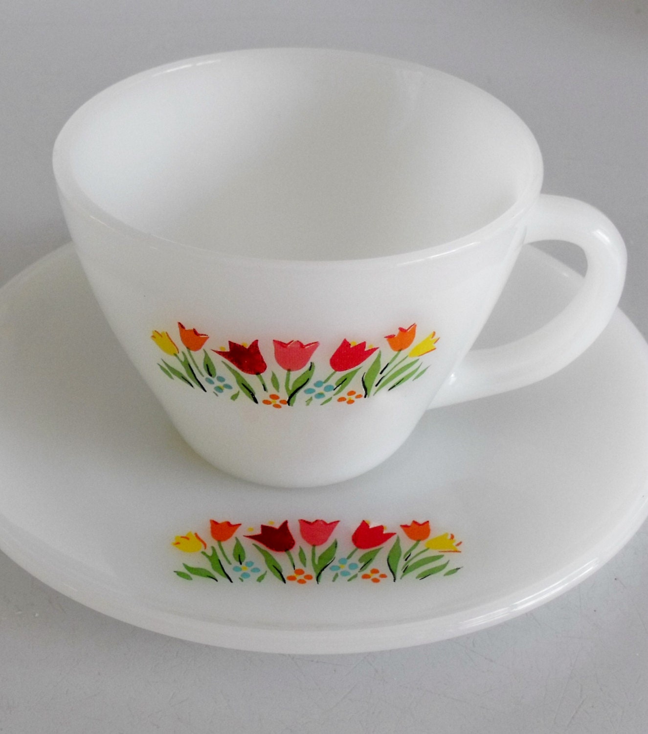 Fire King floral cup and saucer, sweet tulip design