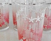 Set of 4 vintage Libbey juice glasses from the 1960s, cheerful pink blossoms