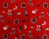 Charming vintage fabric, red folk art print with chickens, sheep and farm animals, over 1 yard