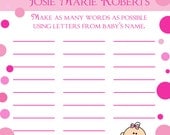 24 Personalized Baby Shower   - Baby Name Game Cards - Pink Polka Dots