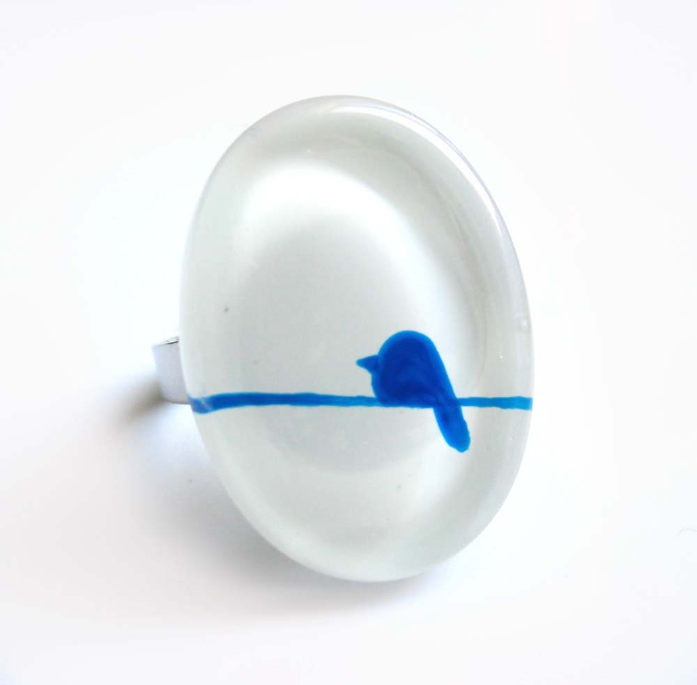 Bird white and blue ring - hand painted glass -