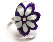 Flower purple  and white ring - hand painted glass -