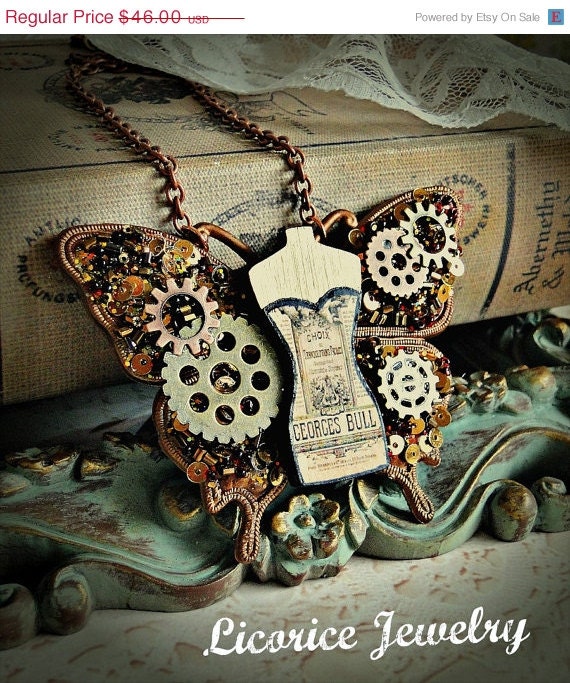 33% OFF  Sale Sequins Gears Corset Butterfly Steampunk Necklace gothic neovictorian victorian goth dark watch parts brass antique c