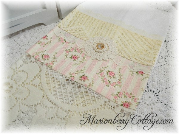 Guest towel soft pink roses and sheet music with doily hems
