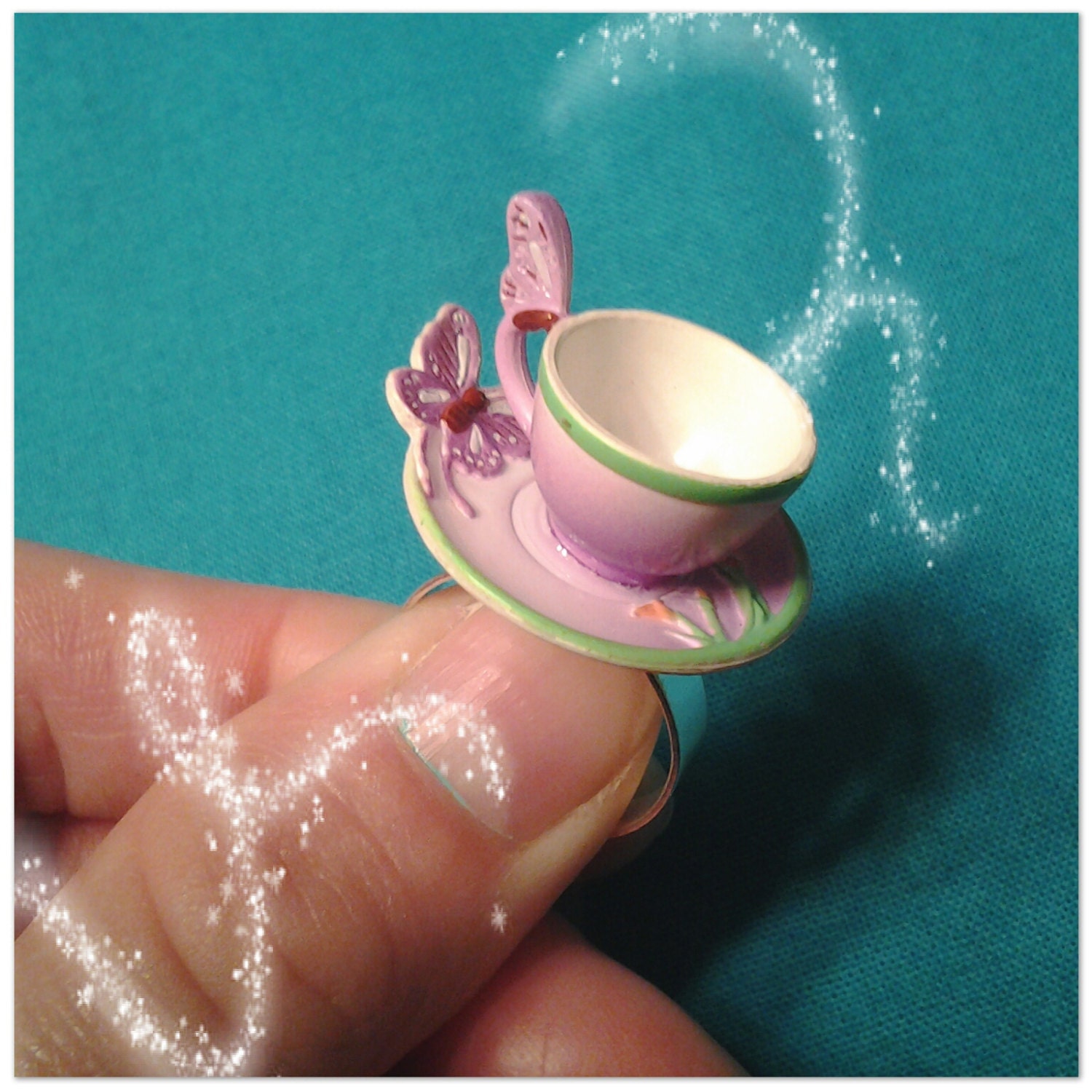 Lavender Butterfly Fairy Tale Tea Cup Ring