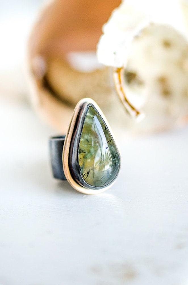 Rutilated Prehnite Gemstone Ring in Sterling and 14kt Gold Fill, DREAM