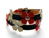 Flowered Leather Wrap Bracelet, A Brown Leather Cuff in Espresso, Strawberry, and Cream