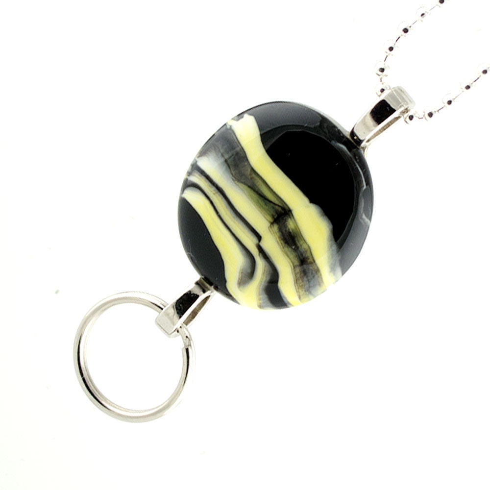Lanyard, Badge Holder, Black and Creamy Yellow Fused Glass