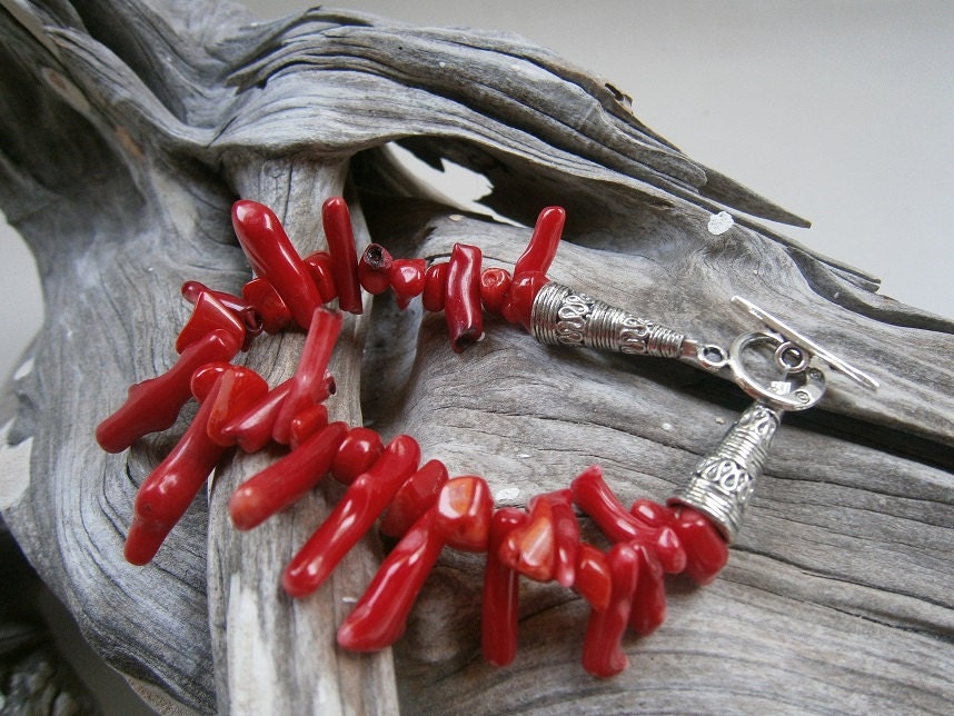 Genuine Red Branch Coral Bracelet with Silver Toggle Clasp