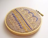 Embroidery hoop wall art decor OOAK Geometric, scallops, chevrons, straight lines in blue yellow and orange