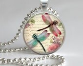 DRAGONFLIES 1 inch Circle Pendant with Ball Chain