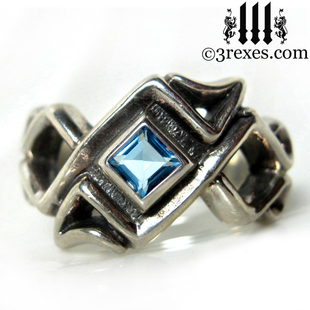 Mens Silver Ring Bohemian Z Gothic Ring Blue Topaz Celtic Band Size 10.5