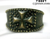 Mens Ring Dark Brass Studded Iron Cross Band Crude Medieval Style Size 9.5