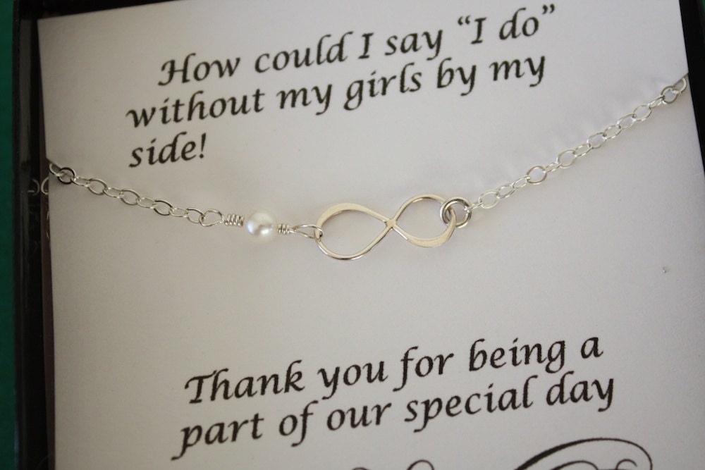 Bridesmaid Infinity Necklace, Infinite Jewelry, Bridesmaid Gift, Thank You Card, White Pearl, Sterling Silver Necklace