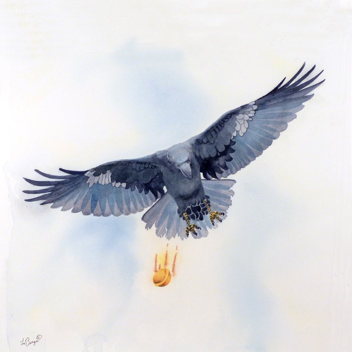 Raven Bird Art - Watercolor Painting Print - Animal Art, Black Bird Art - Men Women Kids - Crow Black Bird School Dorm - 10 x 10 Under 26