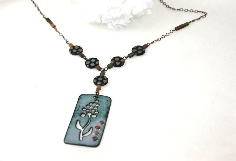 Polka Dot Enamel Necklace Denim Turquoise Blue Black Brown Spring Summer Garden