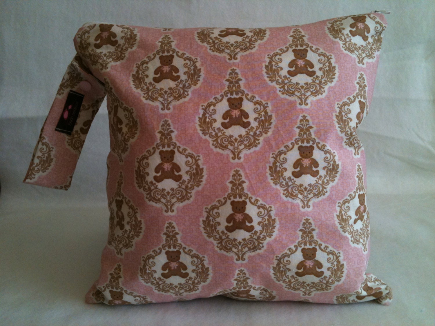 Wet Bag-Large Waterproof Wet Bag- 12.5 x 12.5- Snap Handle and Zipper- Teddy Bear Damask Pink