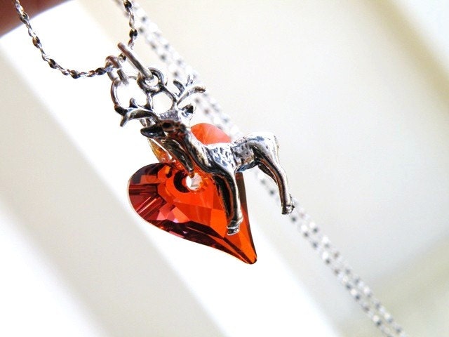 Red Swarovski Crystal Heart Necklace Sterling Silver Stag Deer Valentines Bridesmaid Jewelry Wedding Jewelry