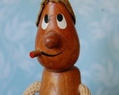 Vintage Mid Century Carved Wood Cigar Smoking Beer Drinker  1950s 60s