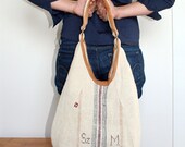 Monogramed Caramel Stripe - Antique Linen and Leather Bag