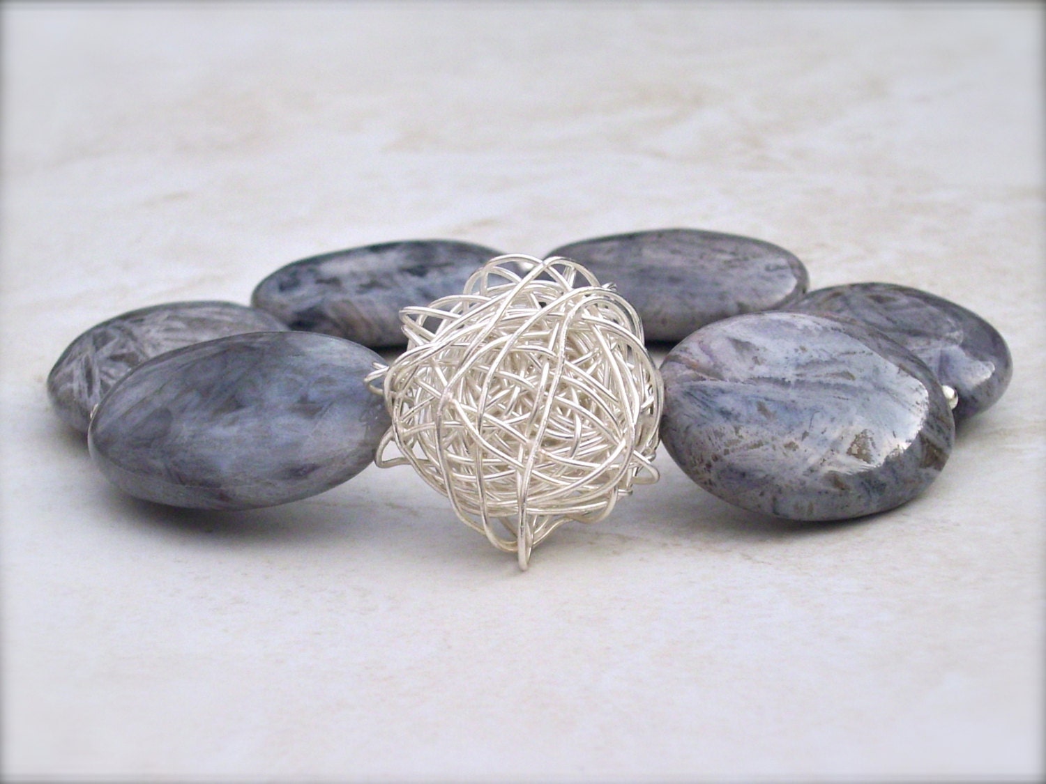 grey stone bracelet, needle agate and sterling silver, one of a kind unique artisan jewelry, statement stretch style