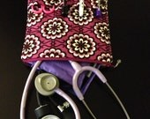 fabric medical case, stethoscope and BP cuff - pink flower design (medical pouch, pockets for penlight and tools)