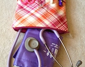 NURSE PURSE - fabric medical case, stethoscope and BP cuff - orange and pink plaid (medical zipper carryall, pockets for penlight and tools)