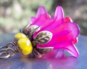Spring Flower Earrings Purple Lavender Mauve red antiqued brass lucite and Czech glass flower fuchsia violet florals gift for her