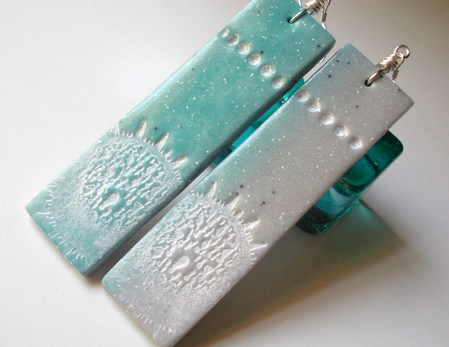 Diatom, Long Polymer clay earrings, beach ocean sea bead tile sterling silver large dangle earrings blue grey white mint turquoise stamped