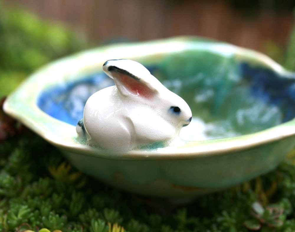 rabbit bowl - white rabbit in woodland - handmade porcelain bowl