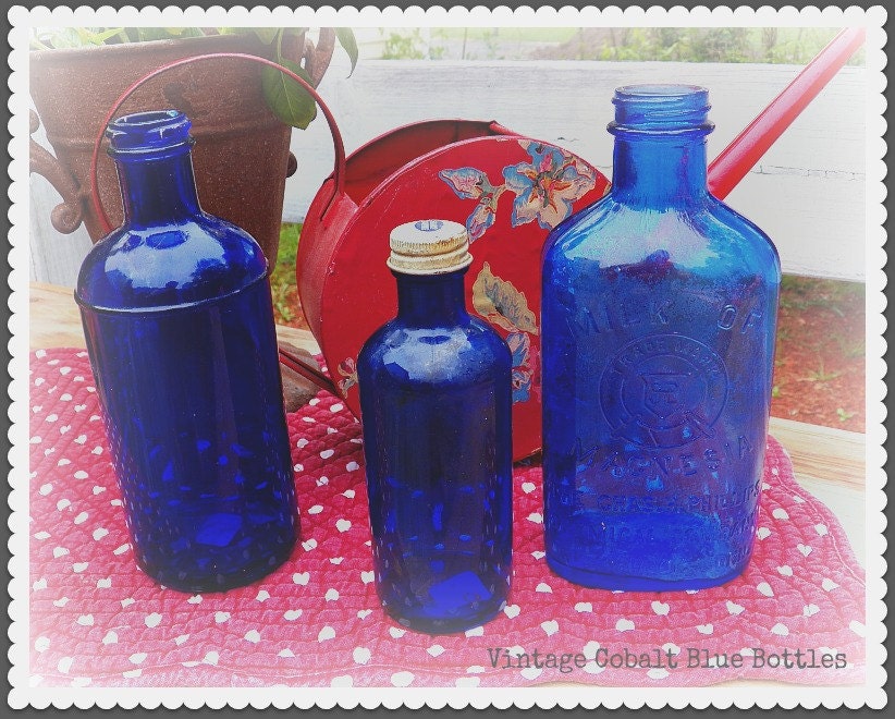 3 Vintage Cobalt Blue Old Medicinal Bottles - Milk of Magnesia and Others - Great Color