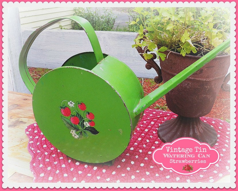 Shabby Sweet VINTAGE STRAWBERRIES - Vintage Apple Green Tin Watering Can