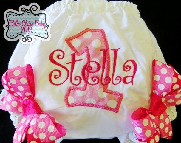 Personalized Pink Bloomers for baby girls toddler- Initial applique Custom design- Fuschia Hot Pink Polka Dot Bows