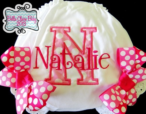 Personalized Pink Bloomers for baby girls toddler- Initial applique Custom design- Fuschia Hot Pink Polka Dot Bows