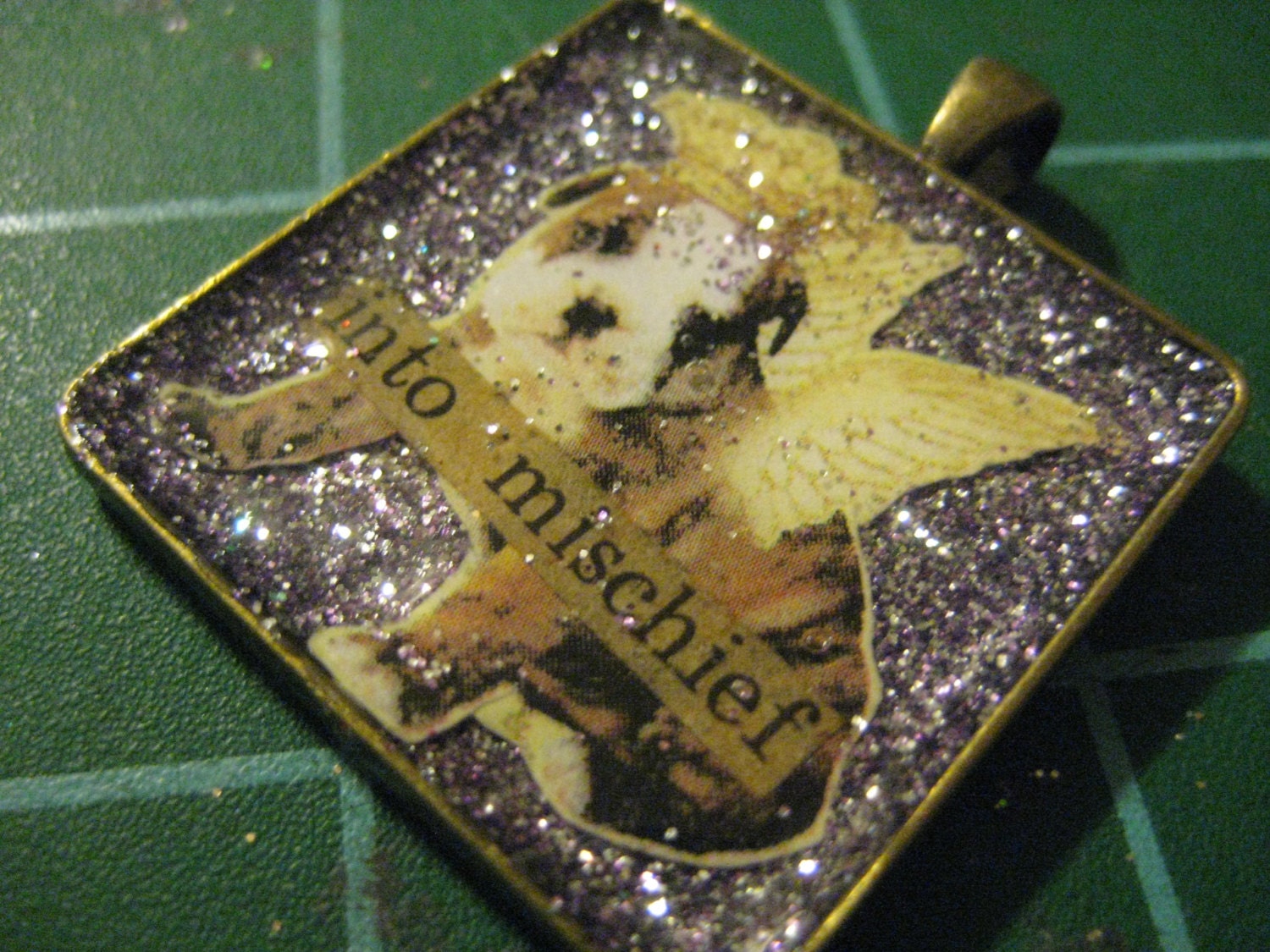 Brindled English Bulldog with Wings, "Into Mischief" Dog Canine Purple Pendant