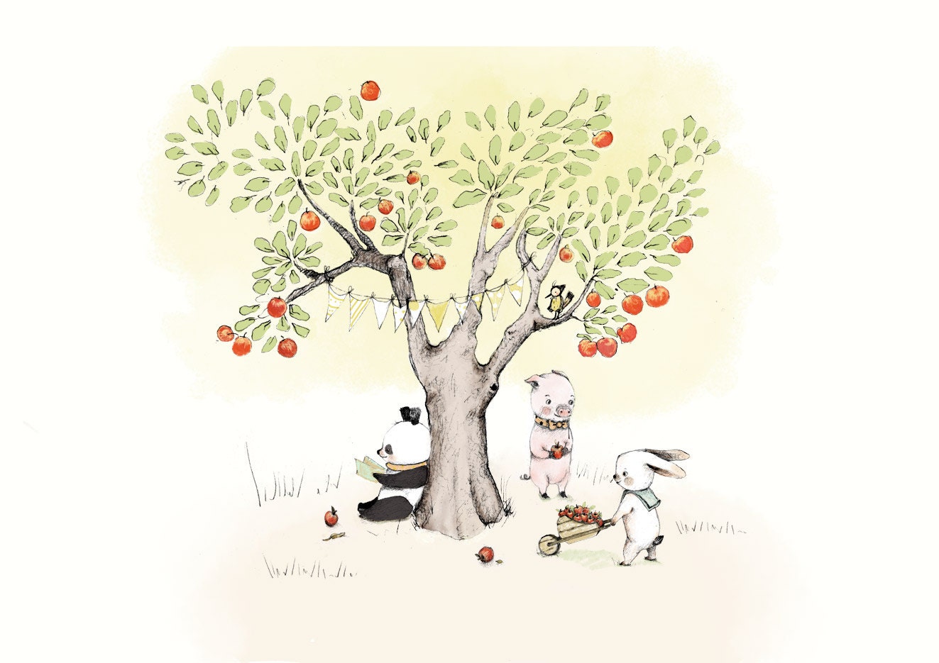 Childrens Wall Art Print -My apple tree, panda, rabbit,pig Poster Print